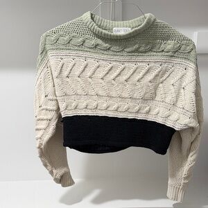 Planet Gold Sage, Cream & Black Colorblock Cable-Knit Sweater